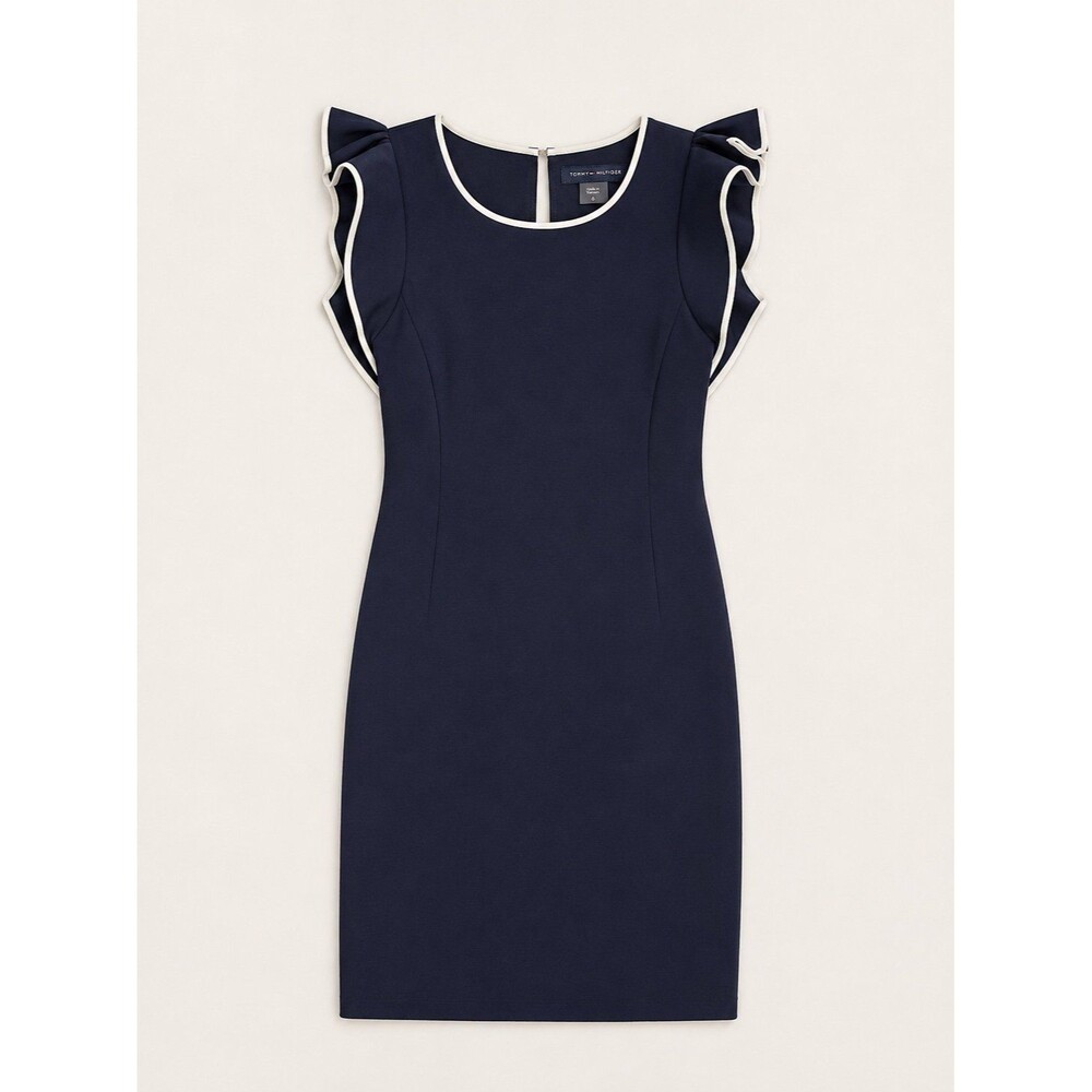 Tommy Hilfiger Navy Blue Sheath Dress White Trim Ruffle Sleeve Size 6 Career